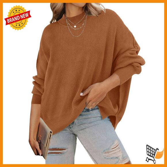 Sweaters - Oversized Ribbed Knit Pullover Sweater Long Sleeve Crew Neck Side Slit